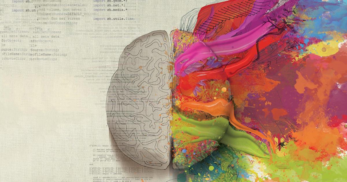 Left and right sides of the brain. Left side is no colour and right side is colourful.